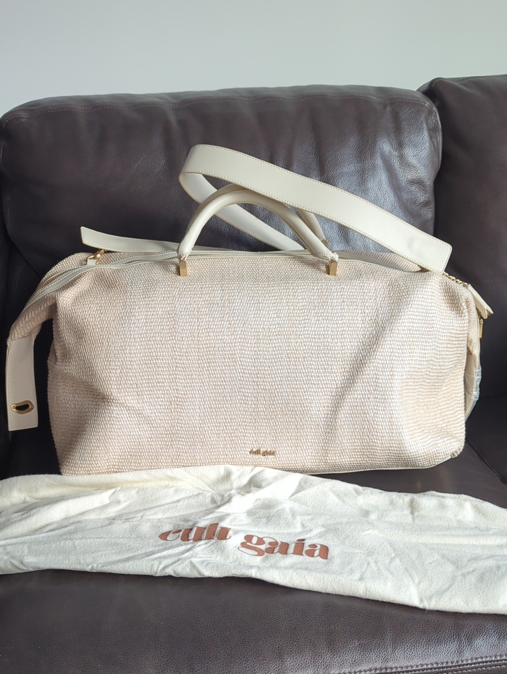 New Still Wrapped cult gaia Adah Cream Woven Travel Weekender Bag + dust Bag